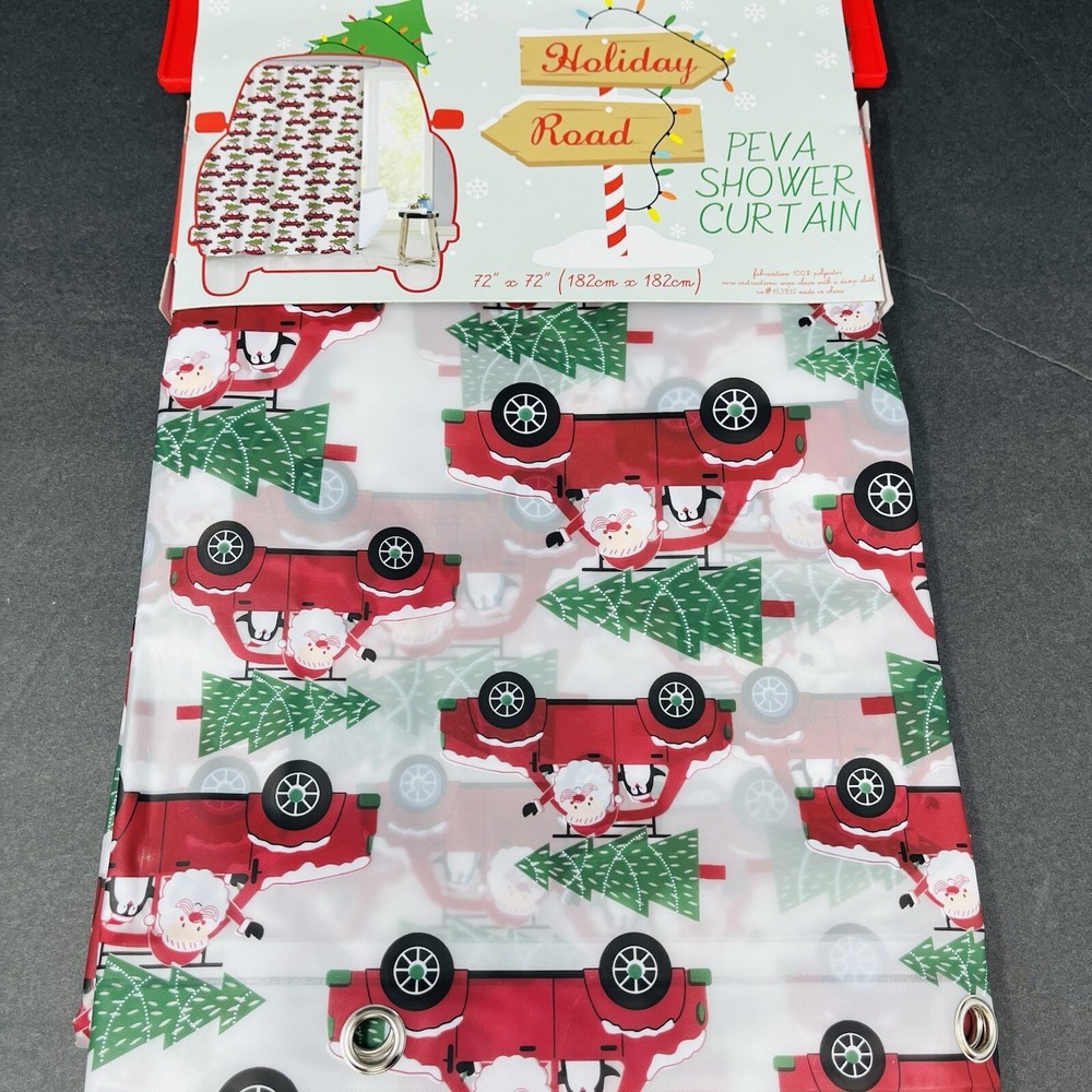 Holiday Road Shower Curtain 72”x72” Christmas Trees Santa Claus Truck Penguin