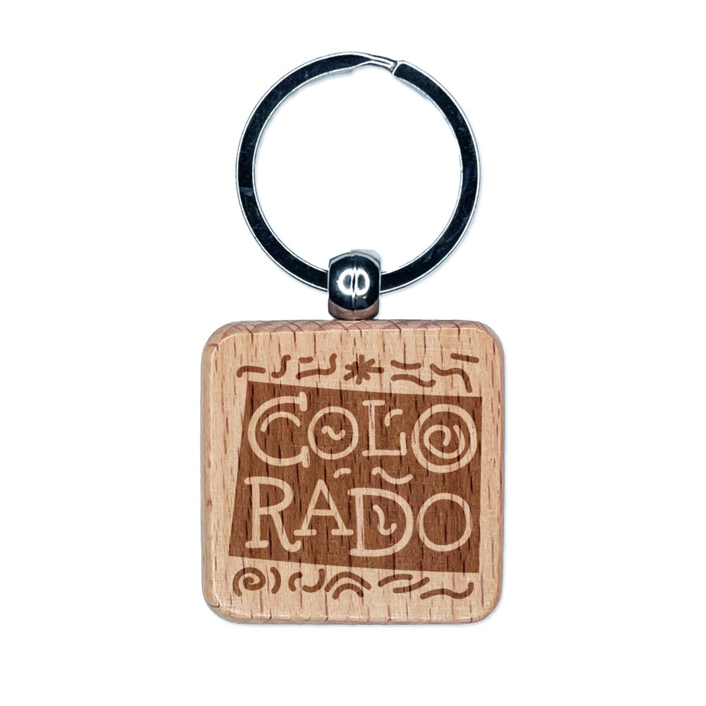Colorado State Engraved Wood Keychain with Swirl Text Design  