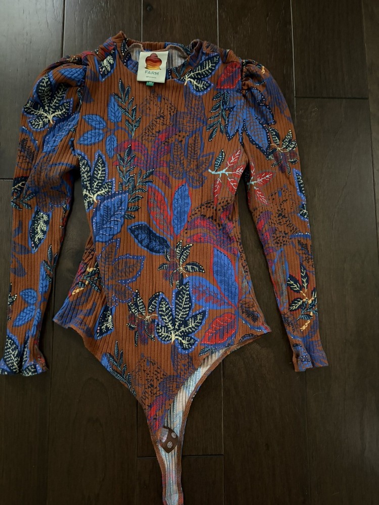 Farm Rio Womens Size M Long Puff Sleeve Floral Bodysuit Cotton