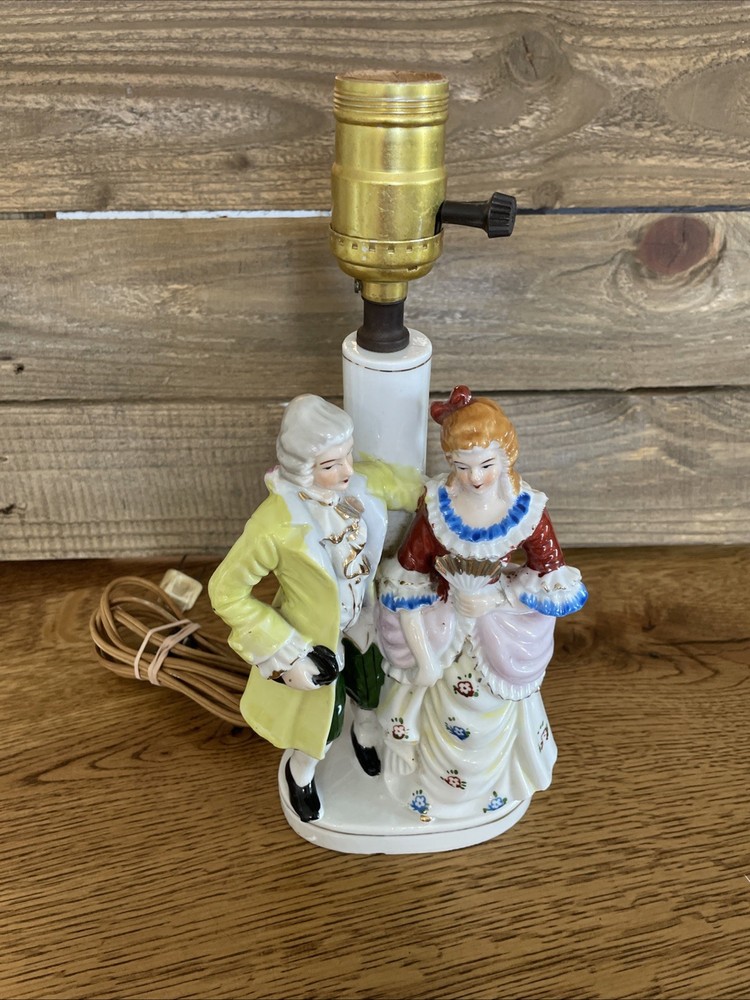 Vtg Victorian Porcelain Lamp, Man & Woman Figurines, Hand Painted, Japan Andrea