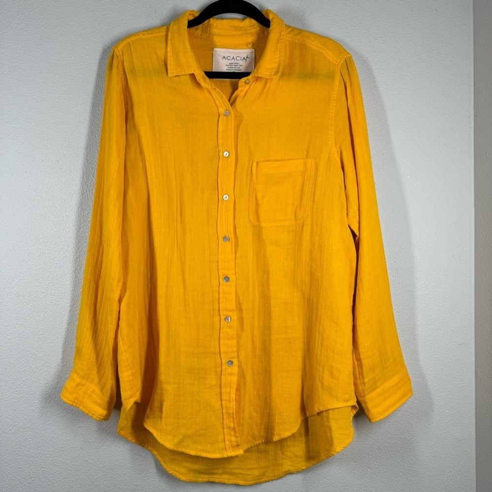 Acacia Swimwear Milos Cotton Button Up Shirt Golden Yellow Long Sleeve Gauze Med-image