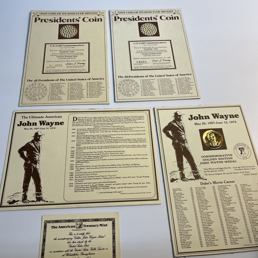 Vintage Presidents Coin Lot John Wayne 24K Gold Electroplated Medals