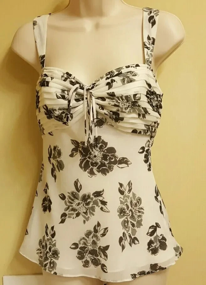 READ! Vintage Y2K Ivory Watercolor Pleated Bust Sweetheart Neckline Tank Top