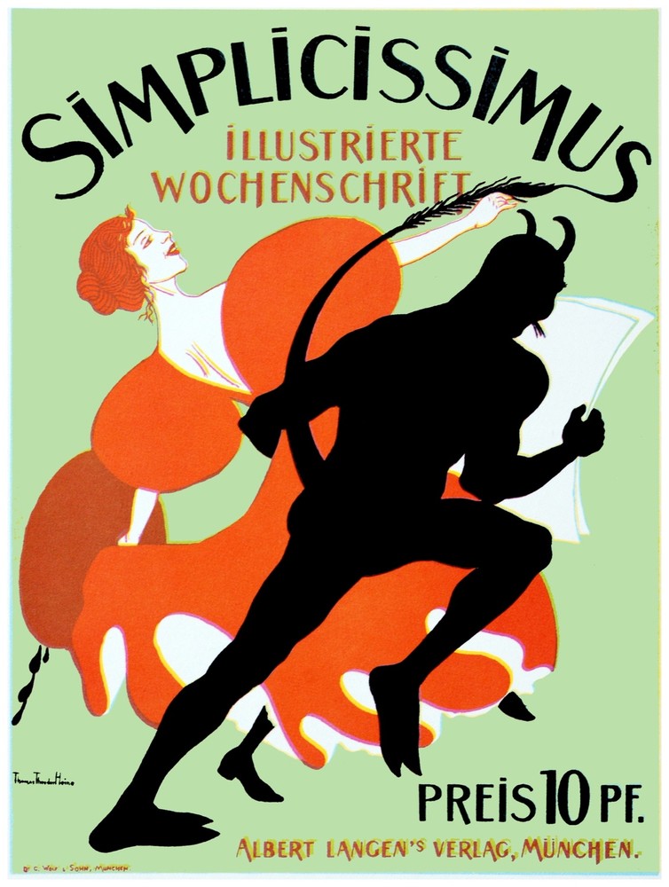4895.Simplicissimus.devil running.womanin red gown.POSTER.Decoration.Wall Art