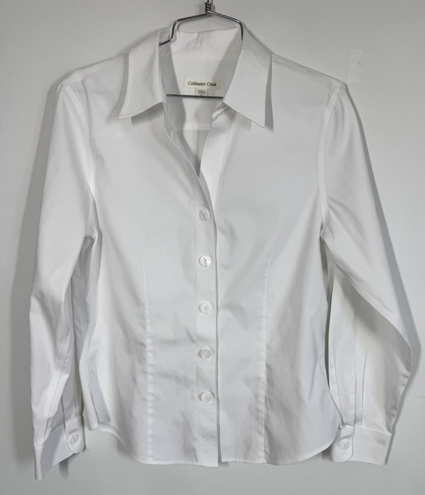 Coldwater Creek Crisp White Long Sleeve Button Up Shirt Blouse Women's M Career