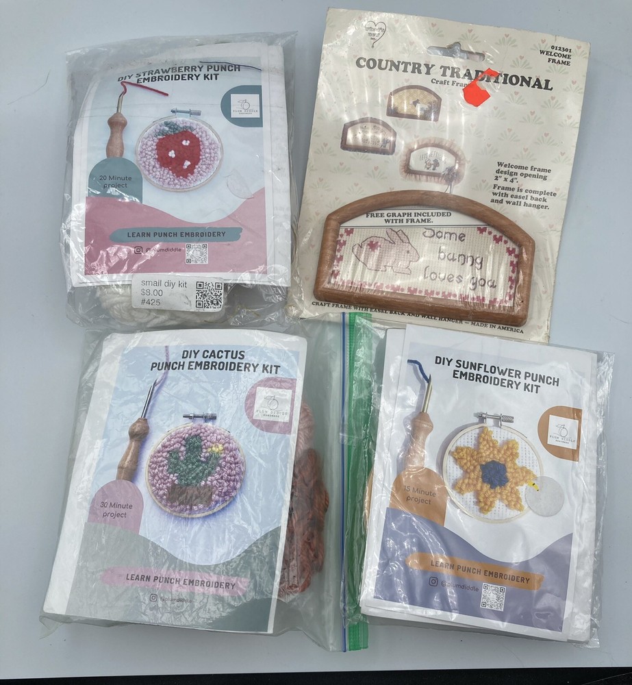 Lot 3 Punch Needle Kids And 1 Vintage Embroidery Graph Frame Read Description