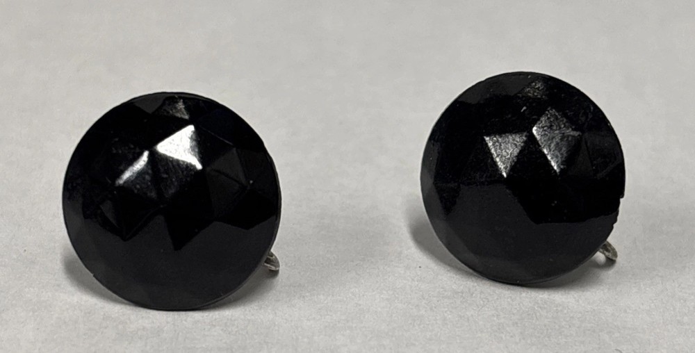 Vintage Earrings Sterling Signed Faceted Black Stone Screw Back