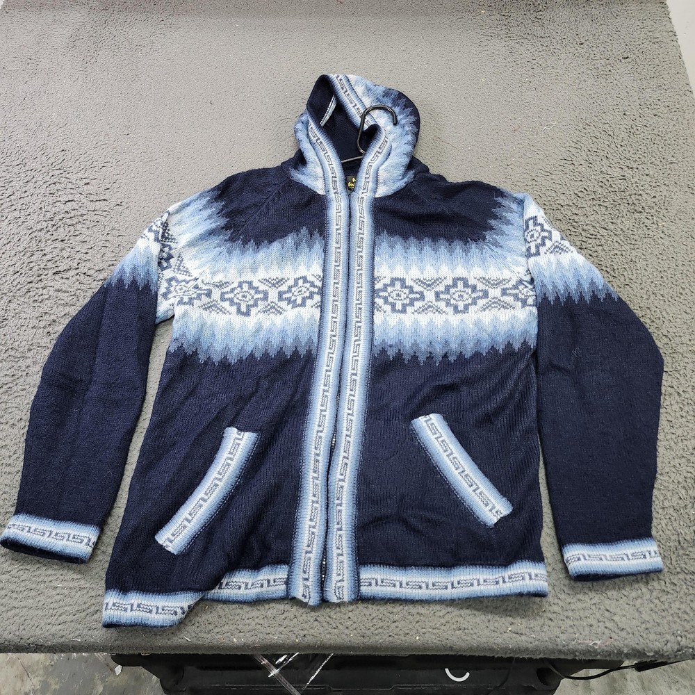 American South Side Sweater Mens Large Blue Hooded Full Zip Alpaca Wool Peru