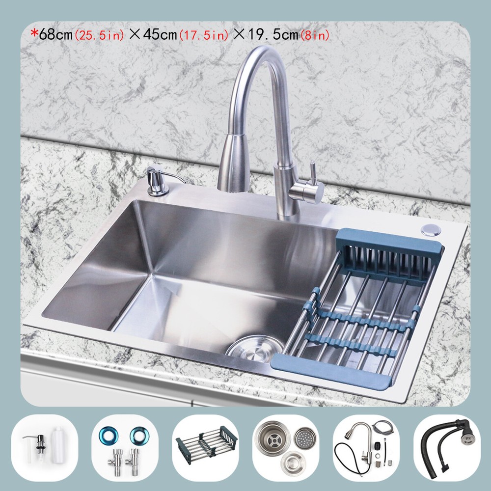 25.5'' Kitchen Sink Undermount Single Bowl Stainless Steel Drop In W/Faucet USA