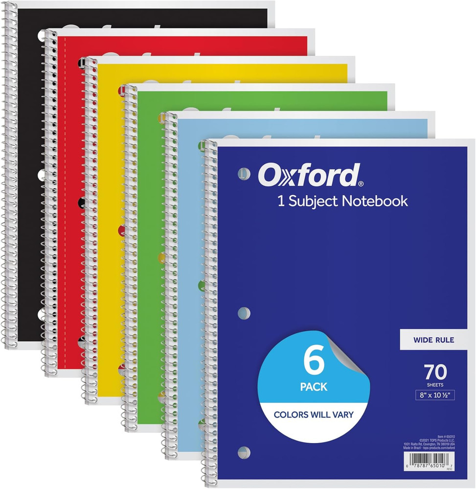 Spiral Notebooks, 6 Pack, 1 Subject, Wide Ruled Notebooks for School, 8 X 10.5 I