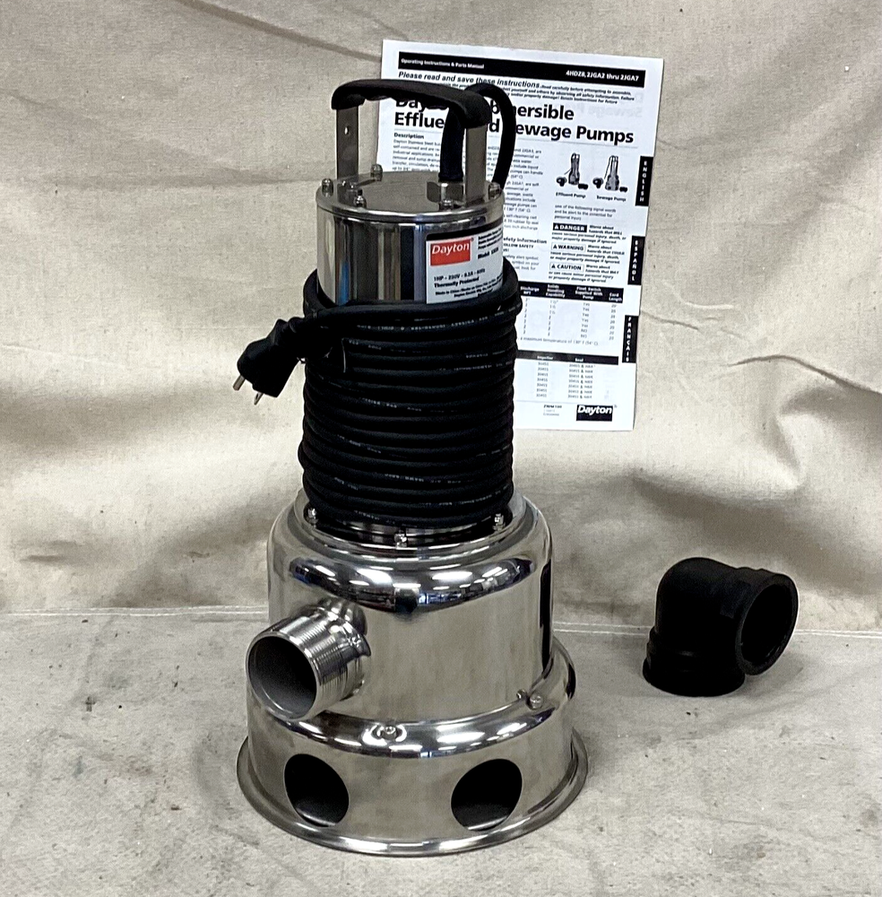 DAYTON 2JGA6 Sewage Ejector Pump 220V AC 1 HP 1 Phase 126 gpm Flow Rate @ 10'