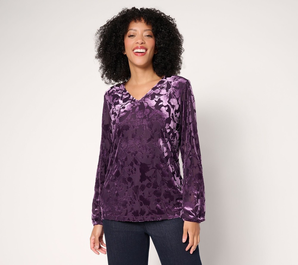 Denim & Co. Women's Top Plus Sz 1X Burnout Velvet Long Sleeve Purple A670806