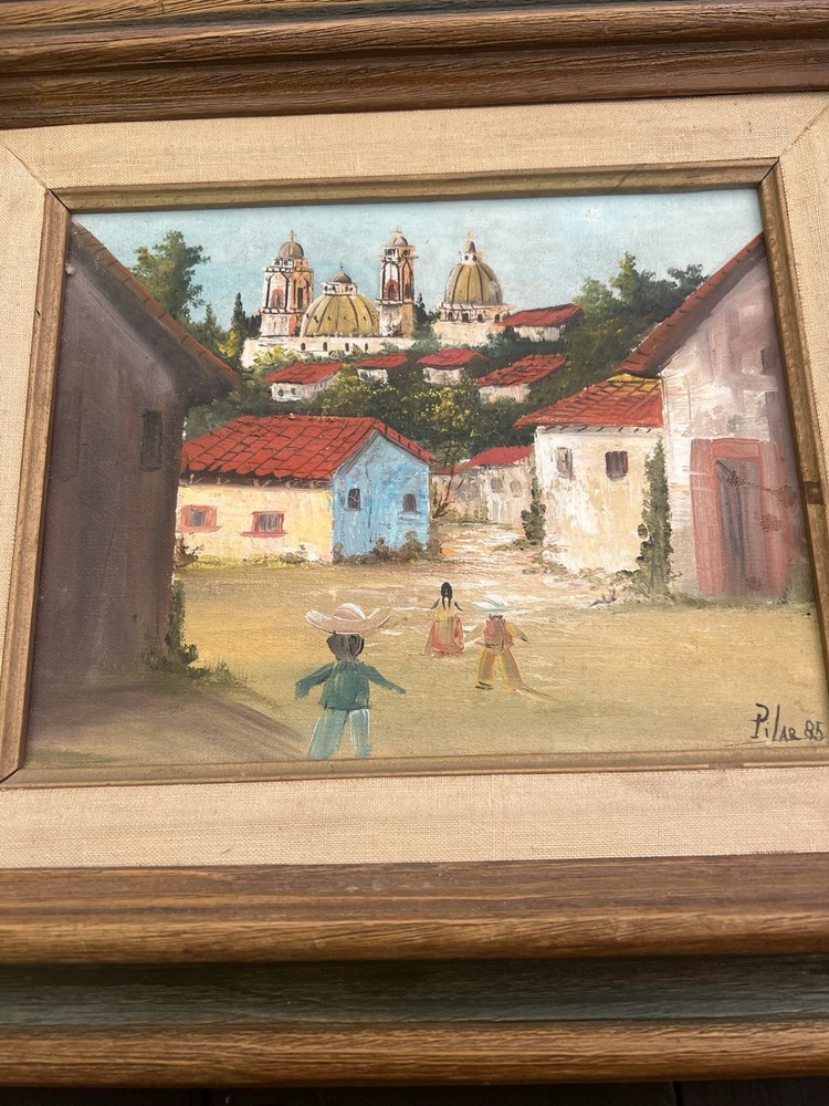 Vintage Mexican Pueblo  Landscape Ciudad Children Painting Signed Pilar READ