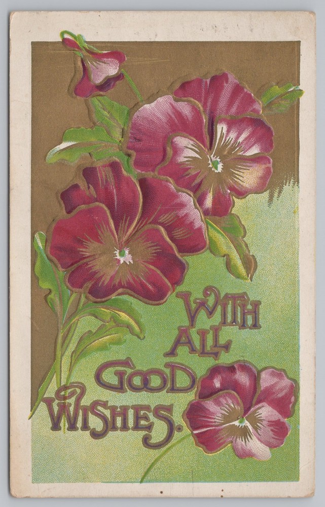 Greetings~Purple Gold Pansies~Good Wishes~Lime~Emboss~ZIM~PM Vintage Postcard