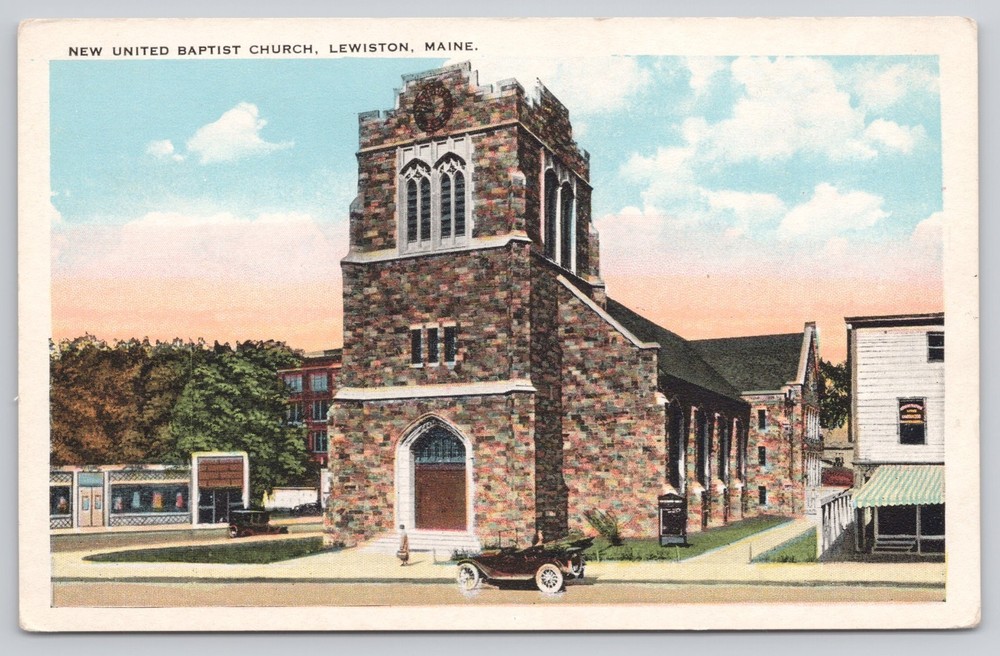 Lewiston ME Maine New United Baptist Church Old Cars Vintage Postcard
