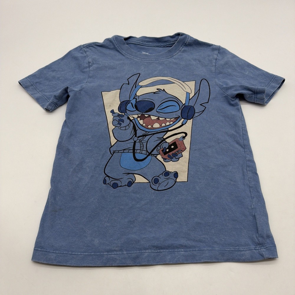 Disney Stitch T-shirt Kids Boys 7/8 Y Blue Graphic Print Logo 100% Cotton.#44635