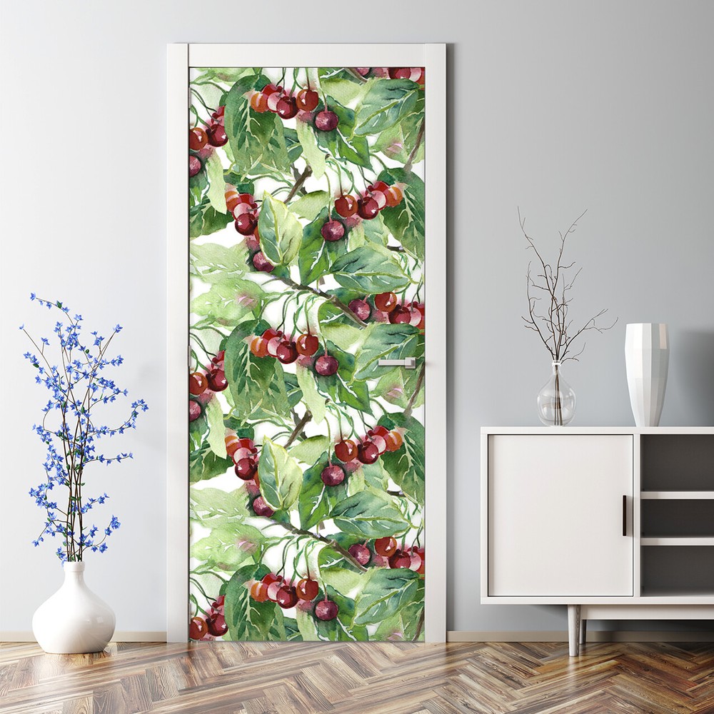 Cherry Bush Bubble Free | Green Painting | Branches | Repositionable Door Decal