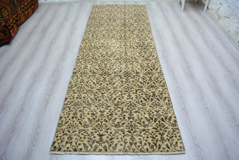 Beige Handmade Runner, 2.9x8.7ft, Beige Vintage Turkish Floral Entryway Rug,