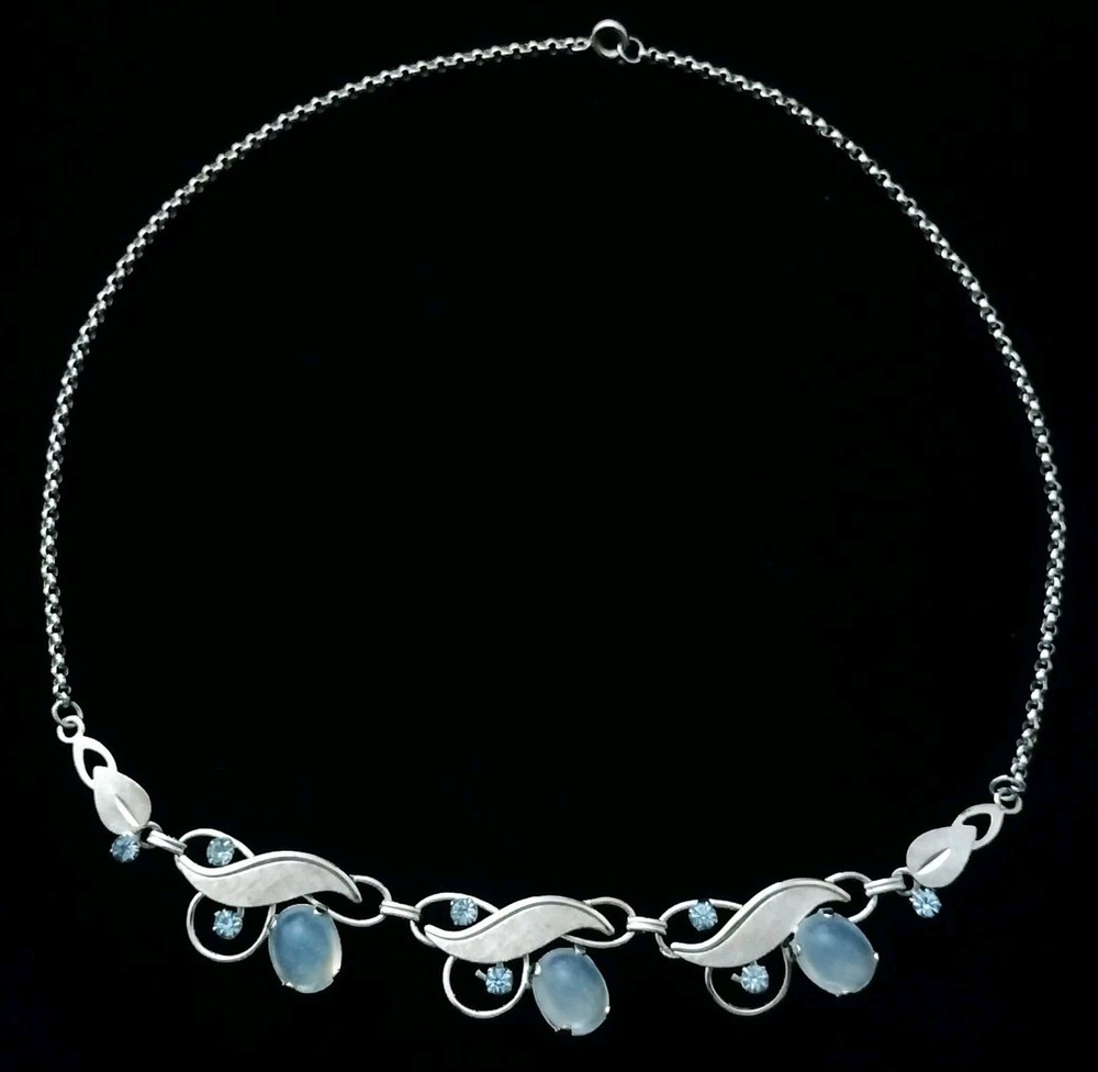 Vintage Van Dell Sterling Silver Moonstone Blue Rhinestone Necklace 12.5g