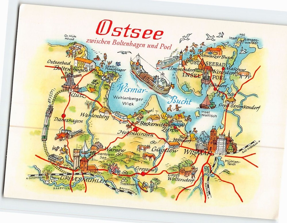 Postcard Map & Attractions Baltic Sea Germany