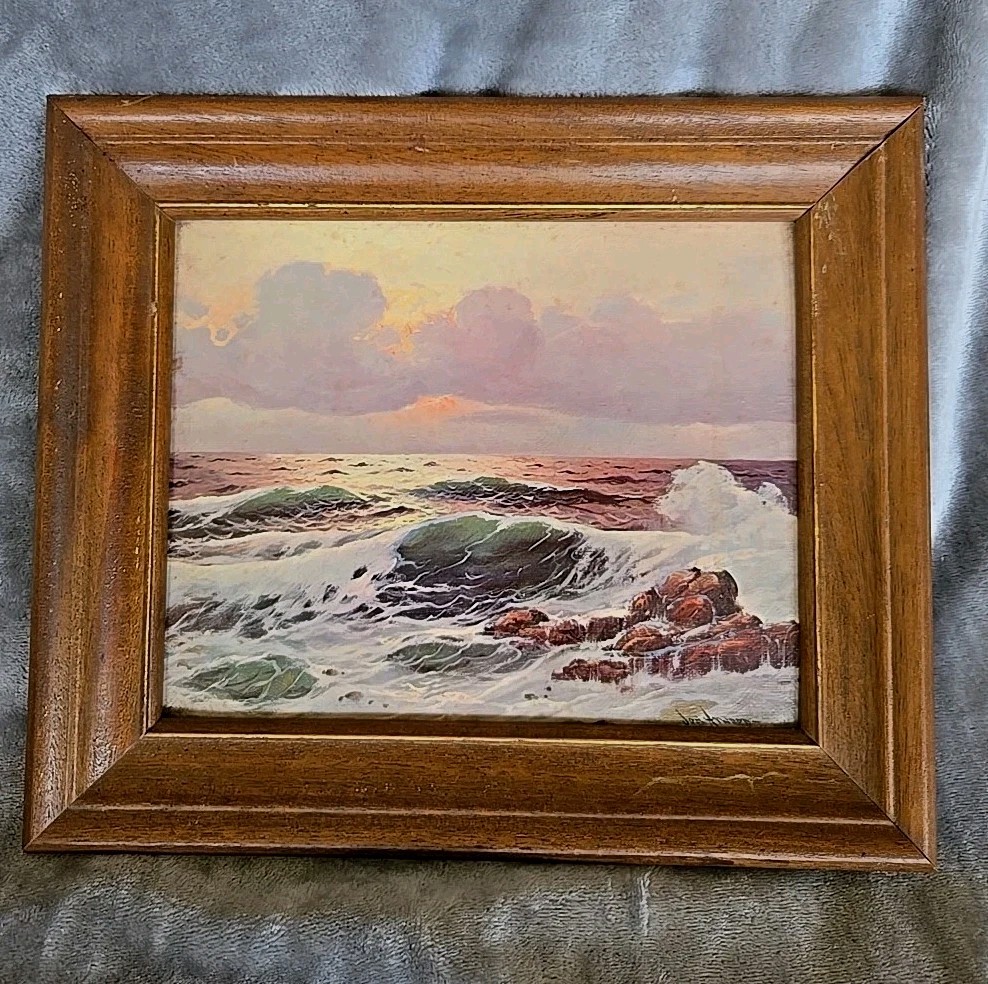 1960s Jon Atwood Sea Foam Litho Print 8 x 10 Vintage Wood Frame