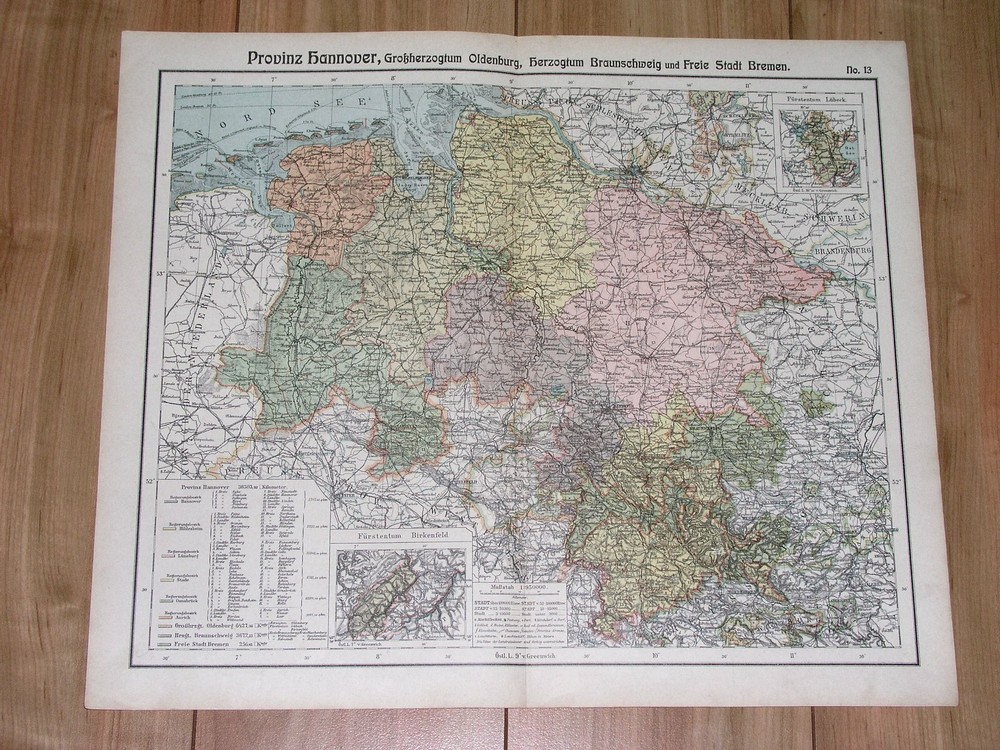 1905 Antique Map Of Lower Saxony Hanover Bremen Oldenburg Germany