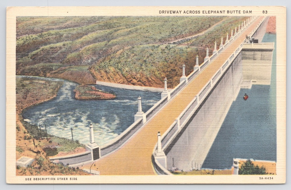 Linen~Driveway Across Elephant Butte Dam~Hot Springs New Mexico~Vintage Postcard