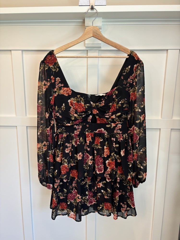 Altar'd State Black Floral Long-Sleeve Mini Dress - Size Large