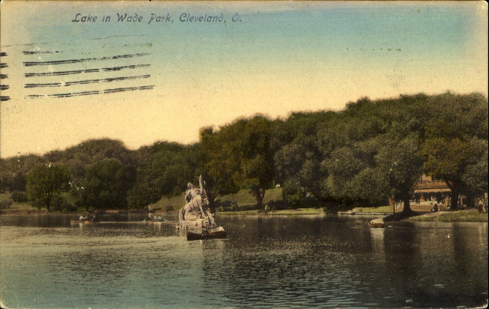 Lake in Wade Park~Cleveland Ohio OH~statue~mailed 1908 vintage postcard