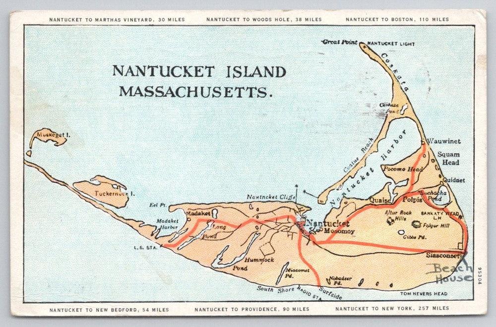 1935 Nantucket Island MA Massachusetts Map Postcard Posted Vintage