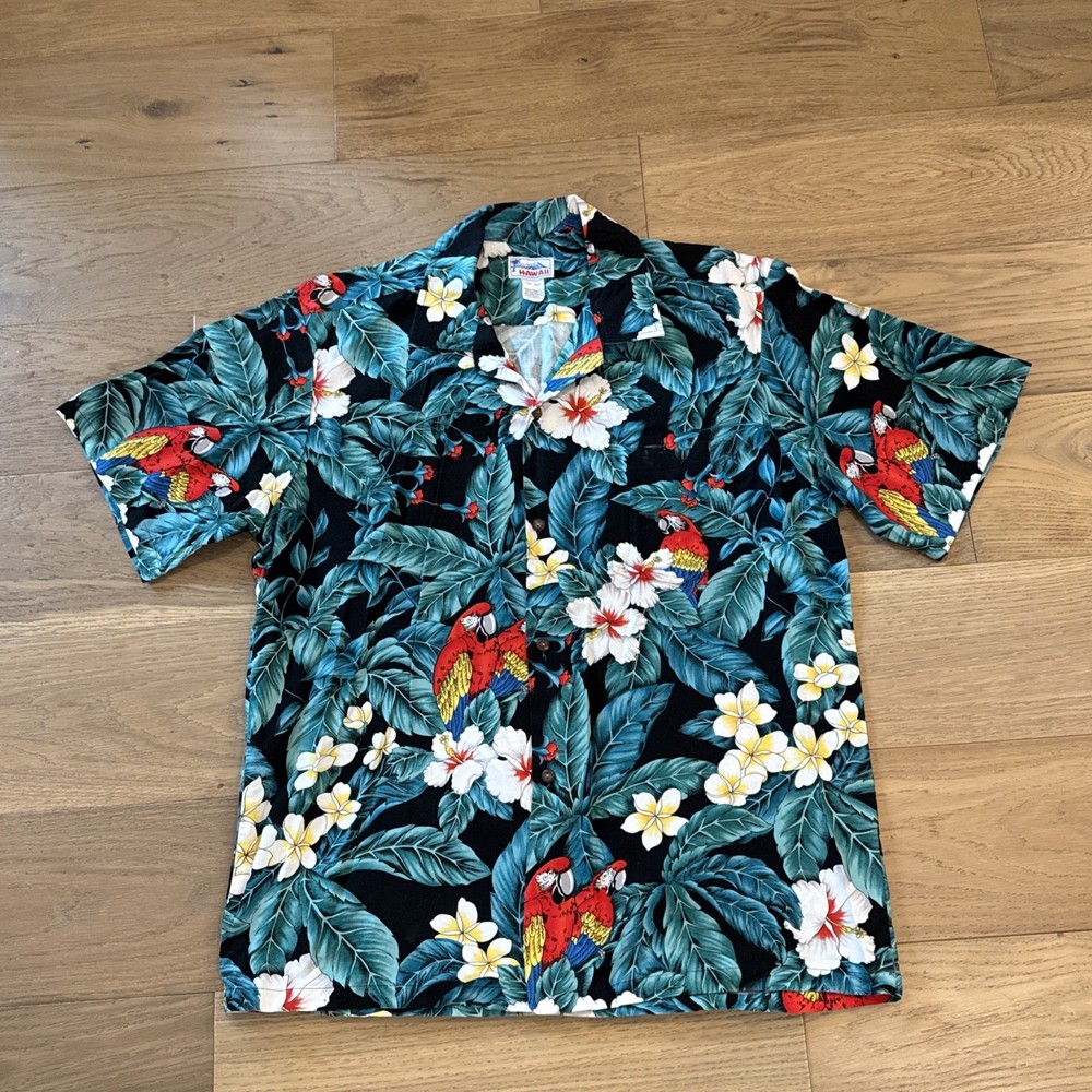 Made in Hawaii Hawaiian Shirt Mens L Parrot Tropical Aloha Camp Shirt