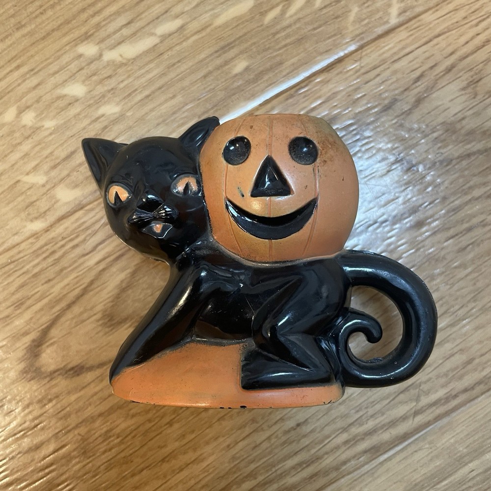 Vintage Halloween Plastic Candy Container Cat w/Jack O Lantern Rosbro 1950s