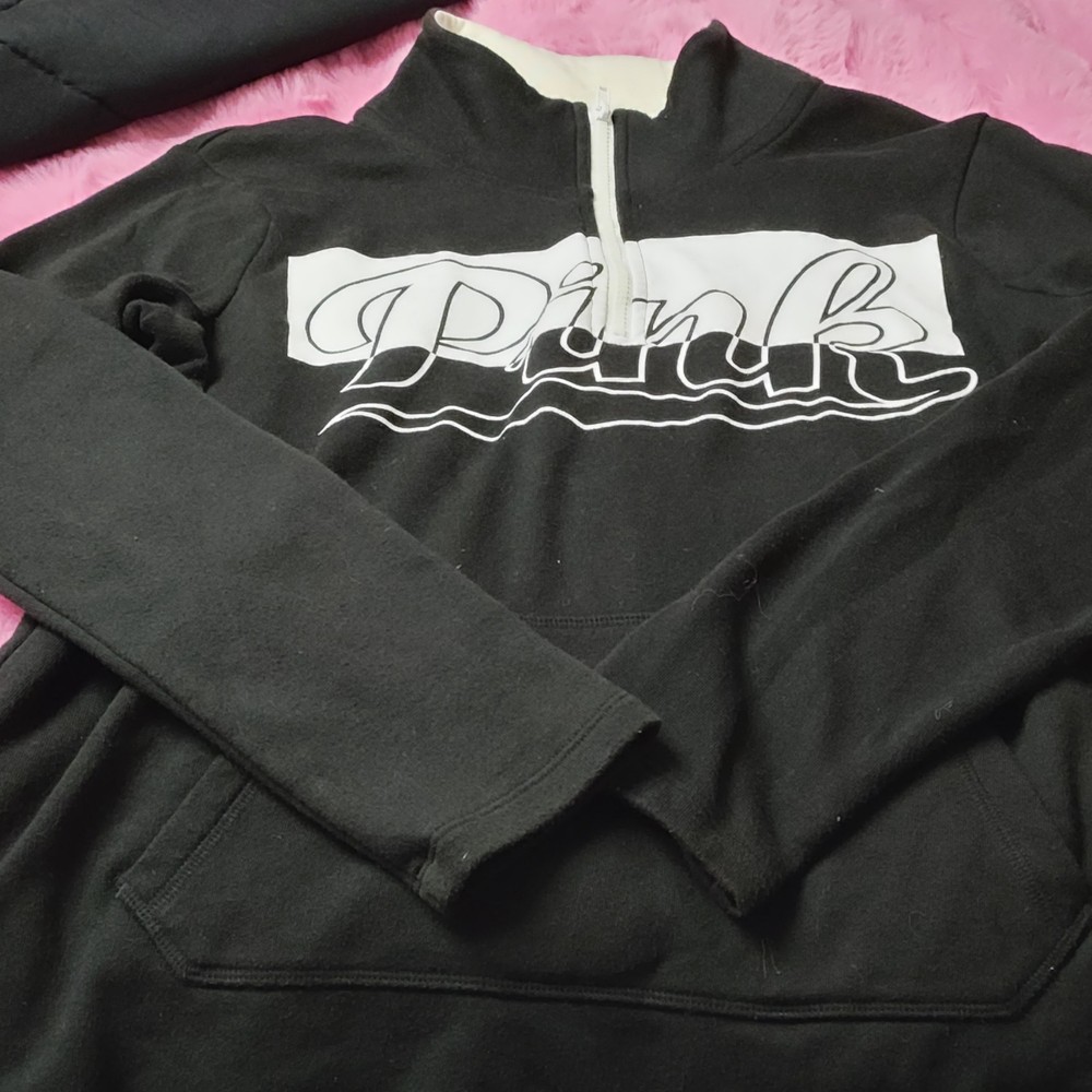 PINK Victoria's Secret Pullover Sweatshirt Black Logo 1/4 Zip Fleece Women M