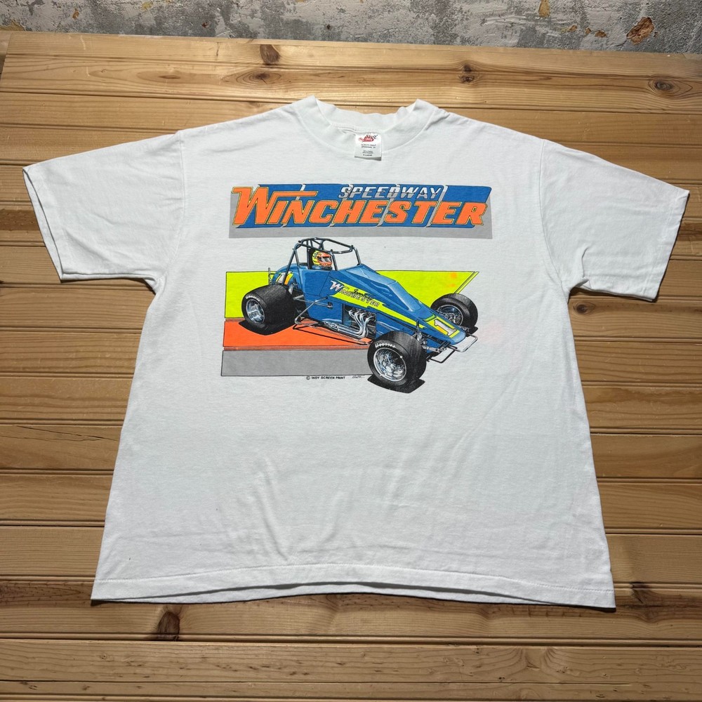 Vintage 90s Speedway Winchester Indy Sprint Car Racing Double Sided T-Shirt - XL