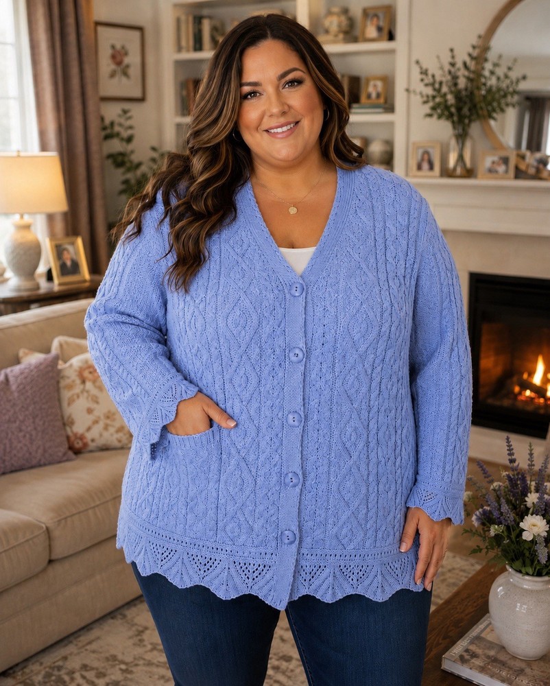 Aran Crafts Ireland Women’s Merino Wool Periwinkle Blue Cable Knit Cardigan XXL