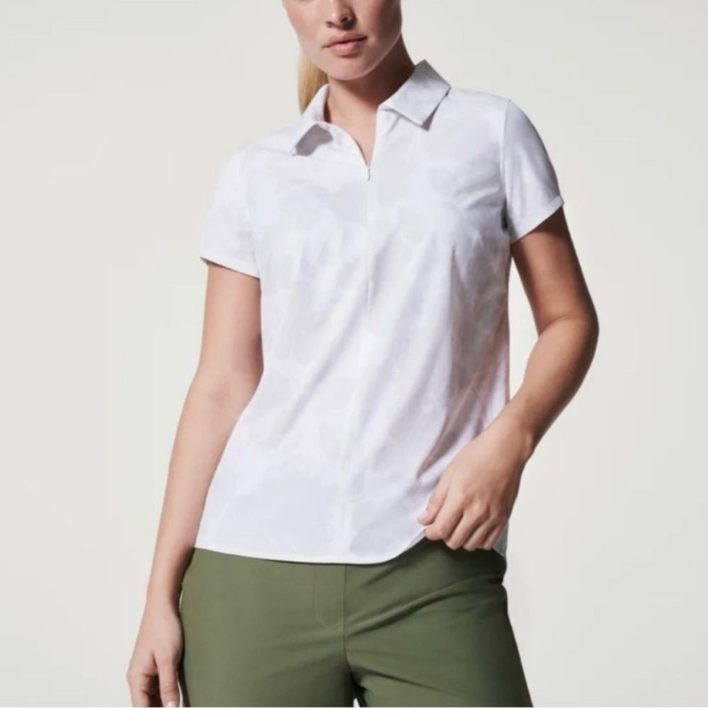 Spanx Sunshine quarter zip stretch short sleeve floral polo shirt, Women's Small