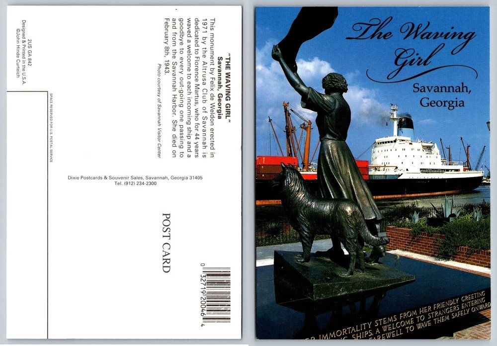 The Waving Girl Statue Savannah Georgia Postcard John Hinde Curteich Unposted