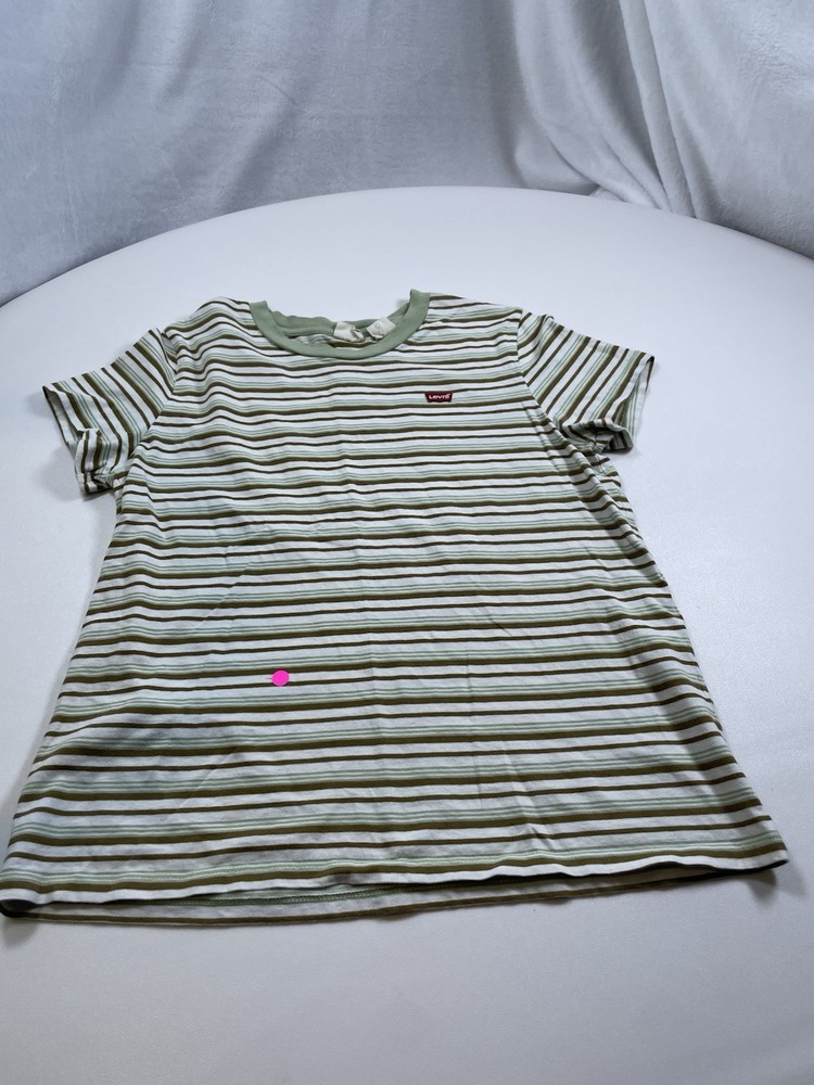 Levi's Striped TShirt M Green Brown White Stripe Logo Patch Preppy Layering