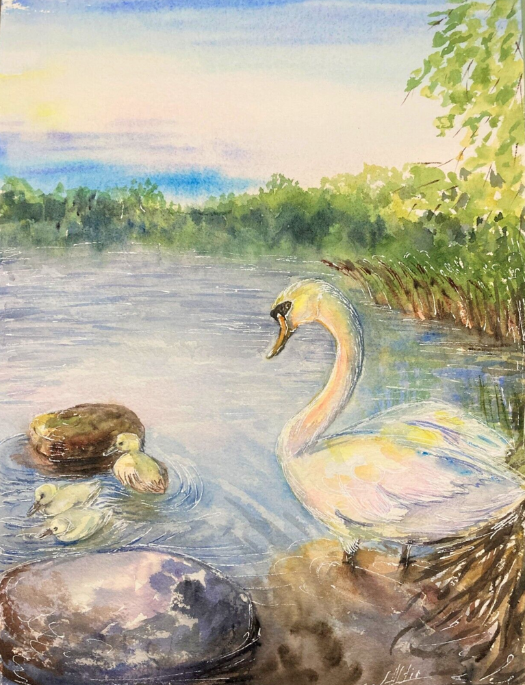 Swan Lake Nature Watercolor Original Artwork by Hand