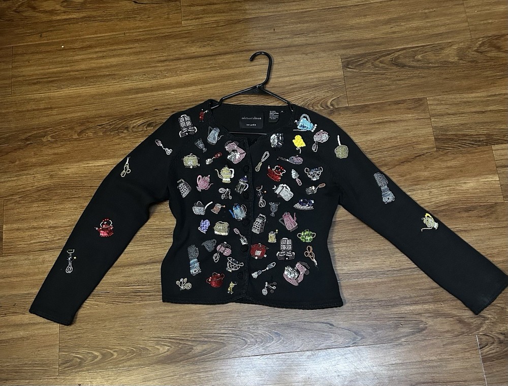 Michael Simon  Beaded Kitchen Appliance Black Sweater Rare Size M