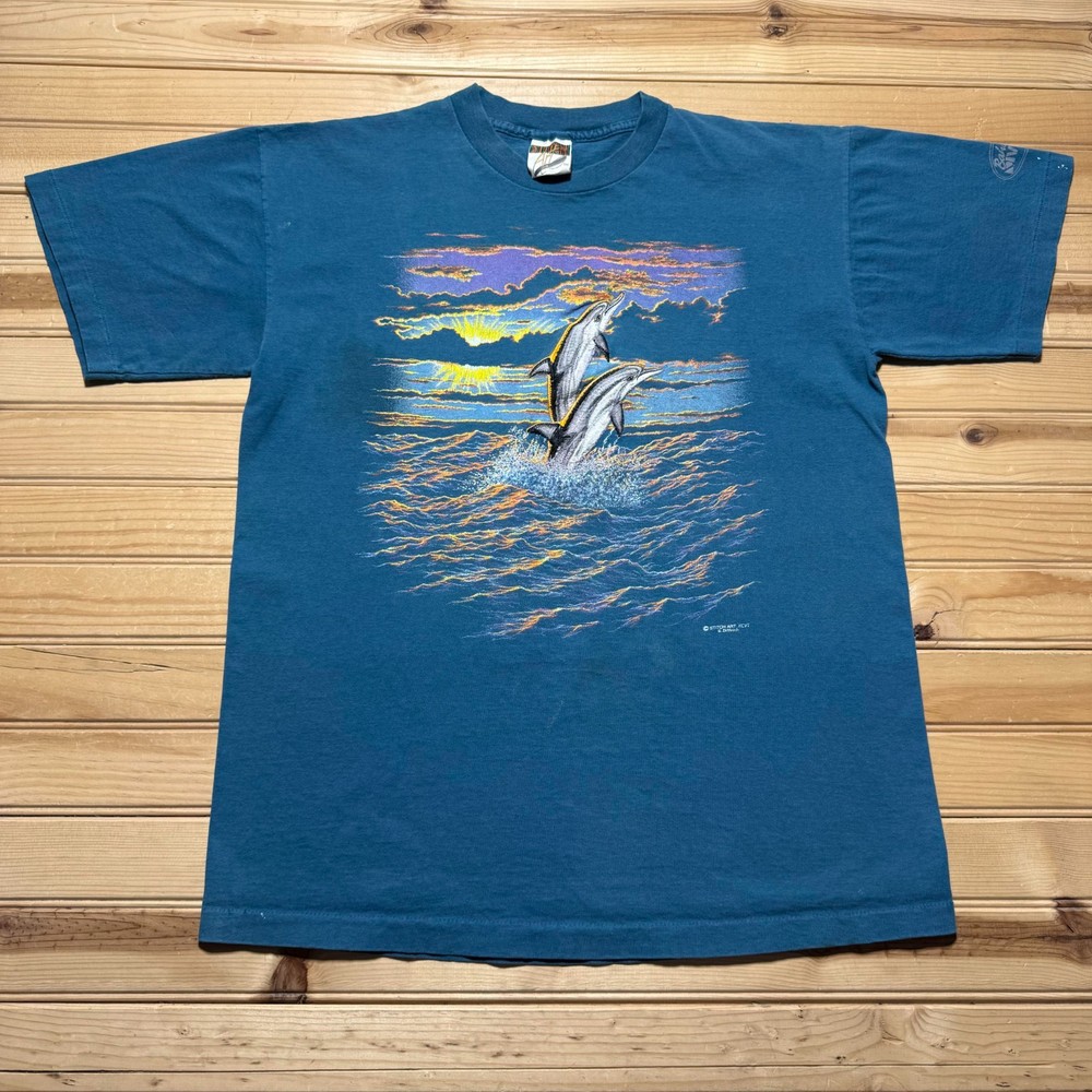 Vintage 1996 Bahama Divers Dolphins Ocean Sunset Art Graphic T-Shirt Men's Large