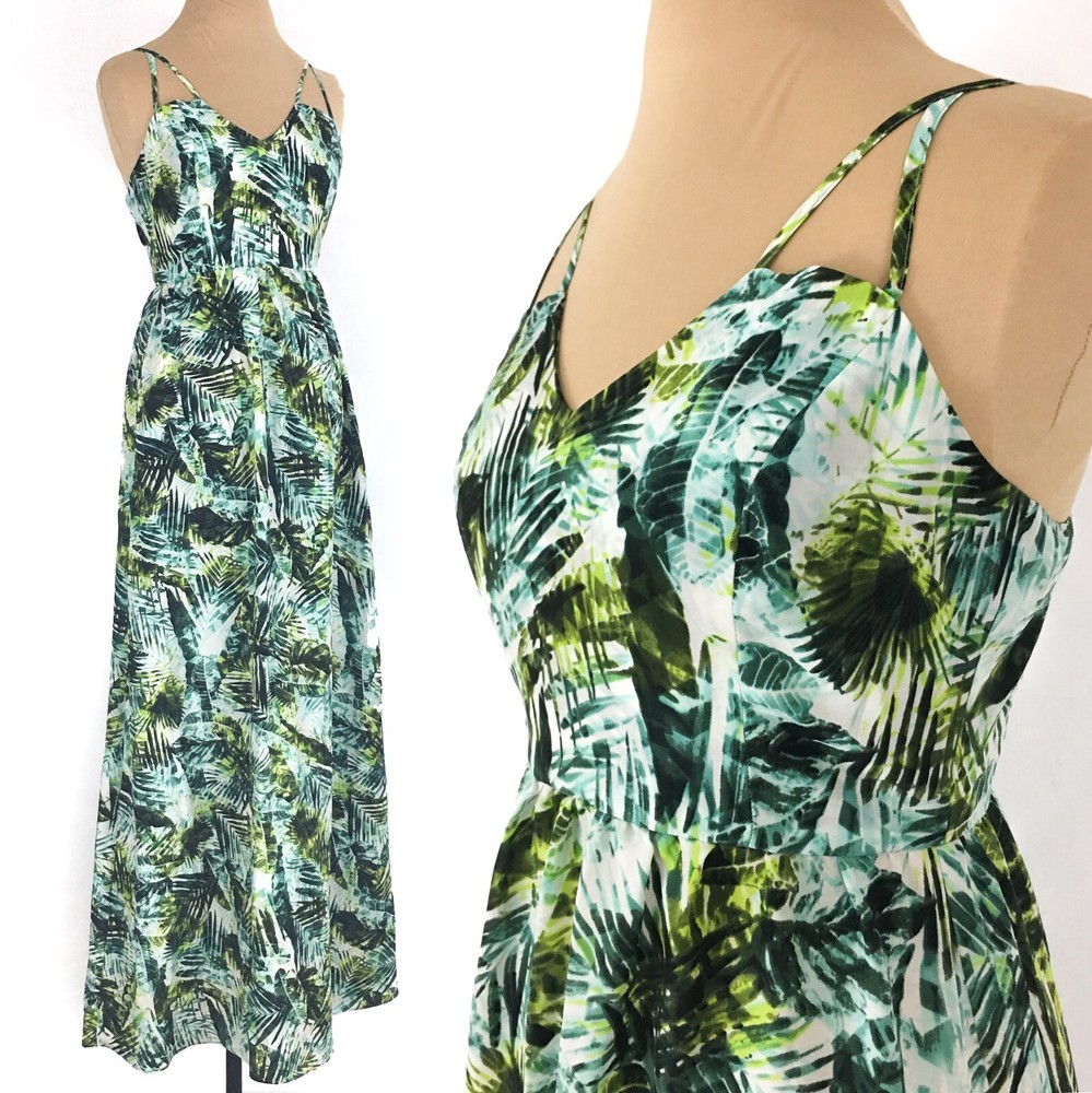 Parker Green Tropical Palm Leave Maxi Dress Size XS Spaghetti Strap Cruise