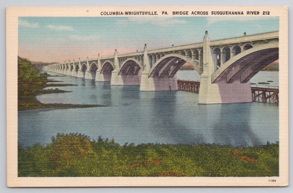 Columbia-Wrightsville PA Bridge Susquehanna River Linen Postcard Vintage