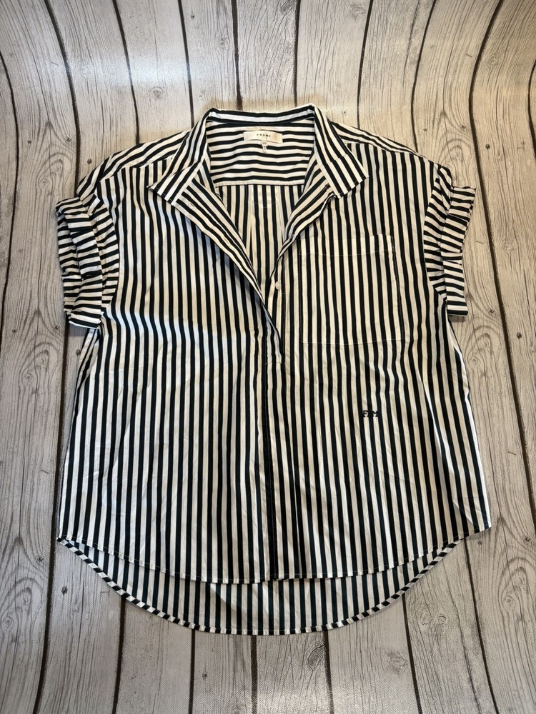 Frame Shirt Womens Medium White Black Striped Sheila Short Cuff Sleeve Button Up