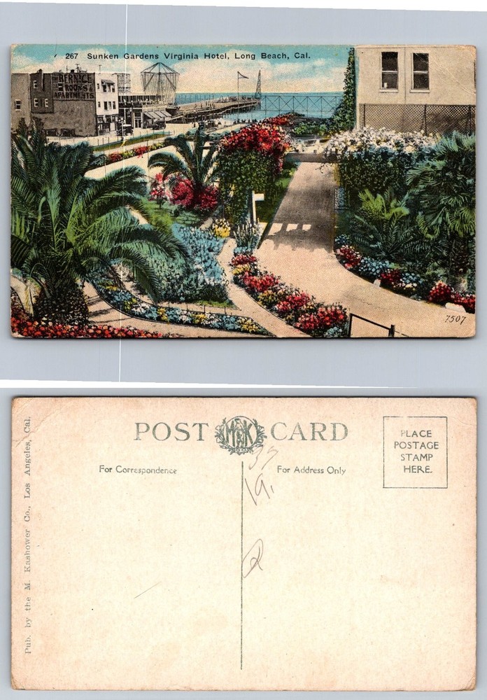 Sunken Gardens Virginia Hotel Long Beach CA Vintage Postcard 1910s