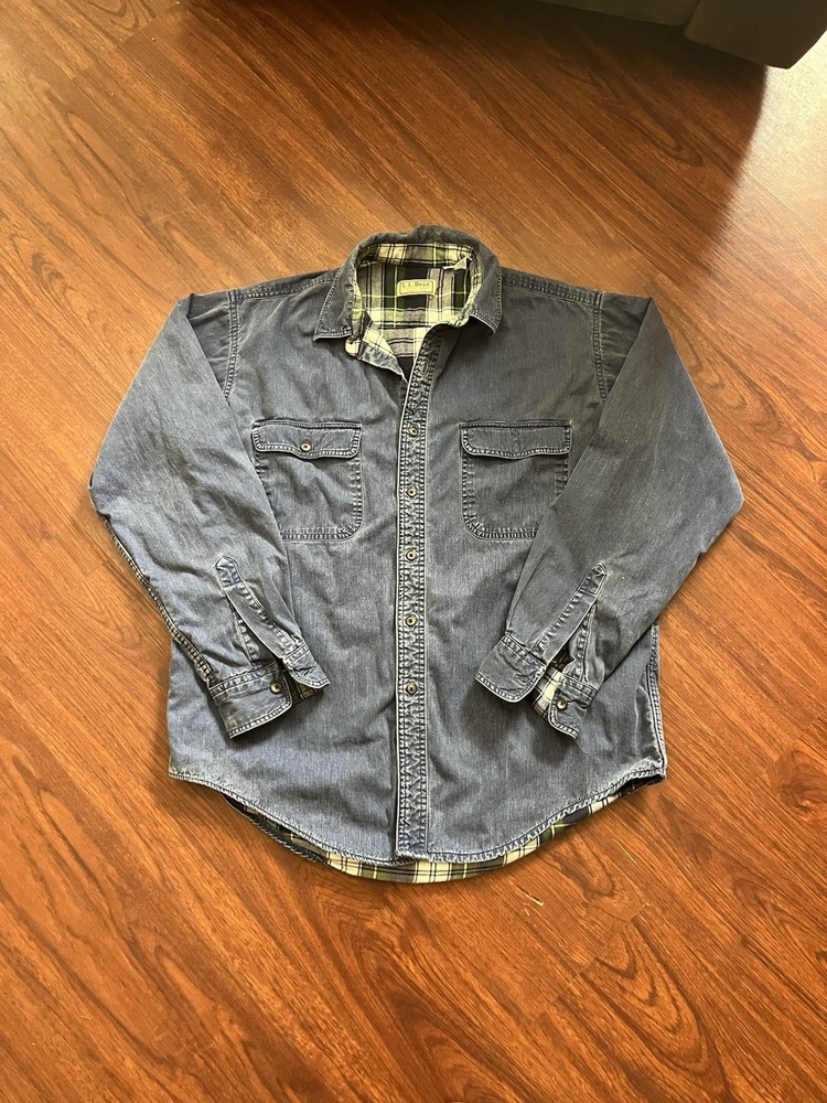 Vintage LL Bean Shirt Denim Mens Large Blue Button Up Flannel Lined Made USA 90s