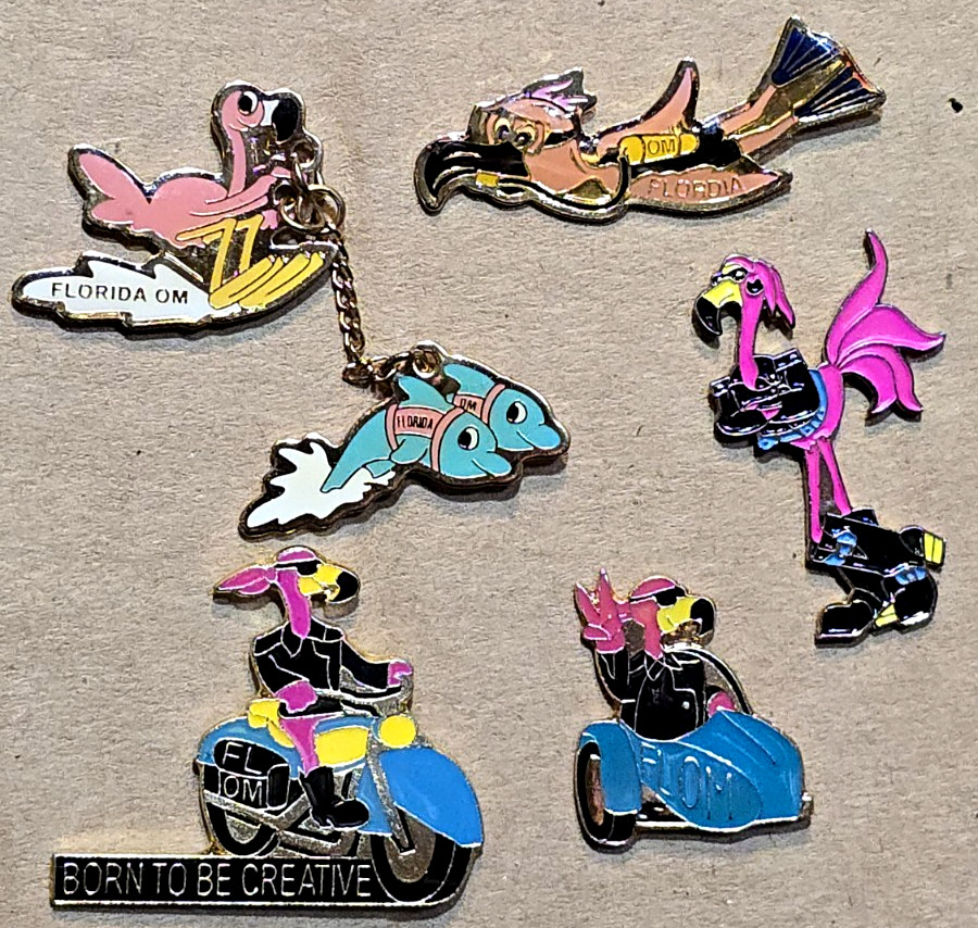 5 pc Odyssey of the Mind Florida Flamingo Pin Lot Vintage Late 90s Biker Diver