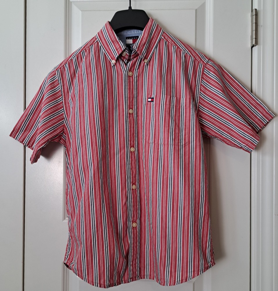 Tommy Hilfiger Boys Size M 10-12 Button Down Shirt Red Striped Preppy Designer
