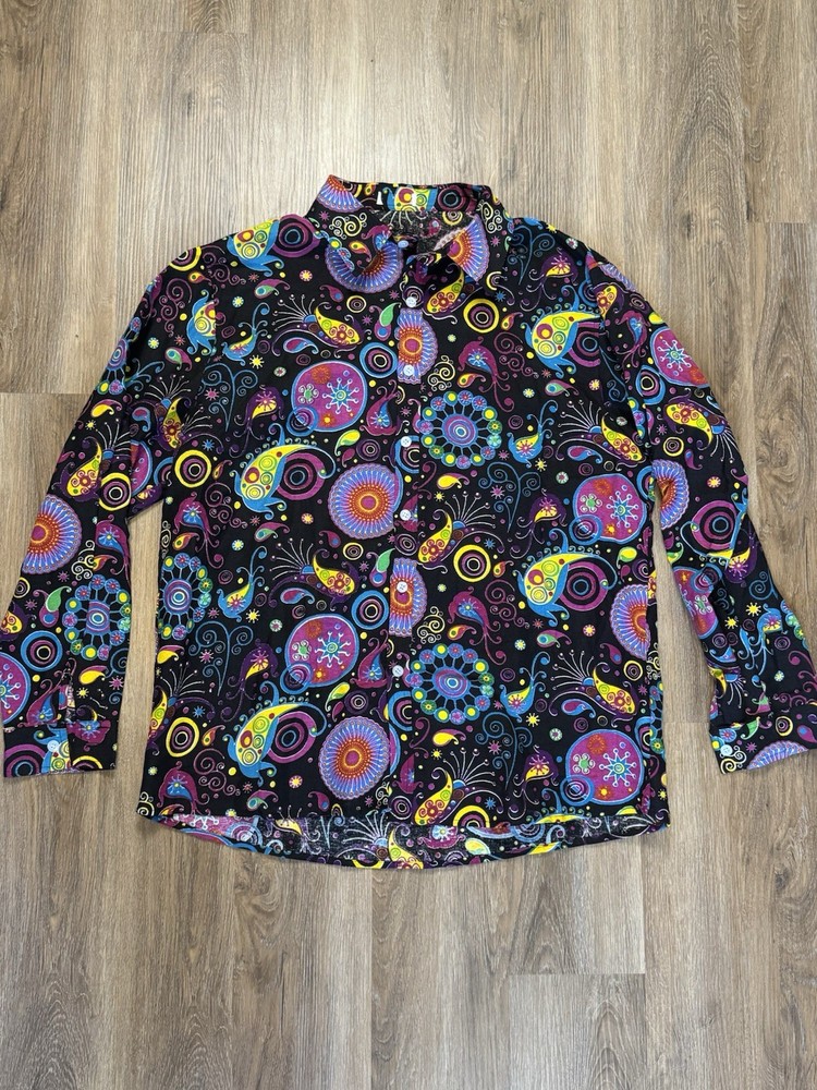 QZH.DUAO Shirt Button-Up Linen Blend Mens Large Multicolor Floral Paisley