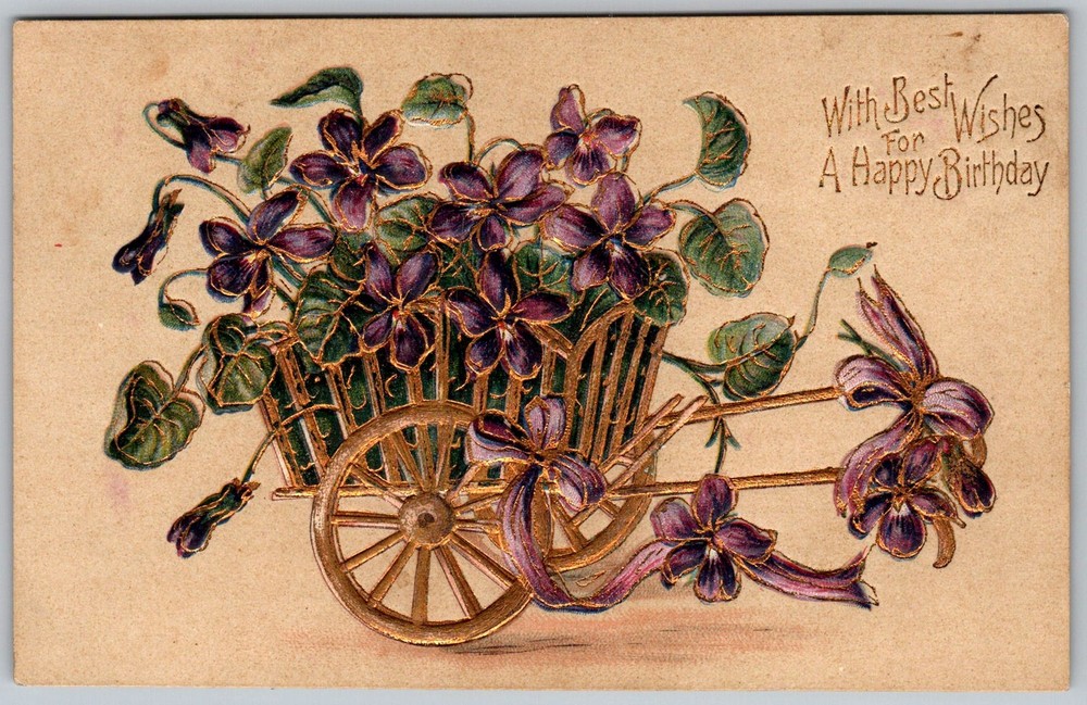 Antique Postcard Violets Wheelbarrow 1910s